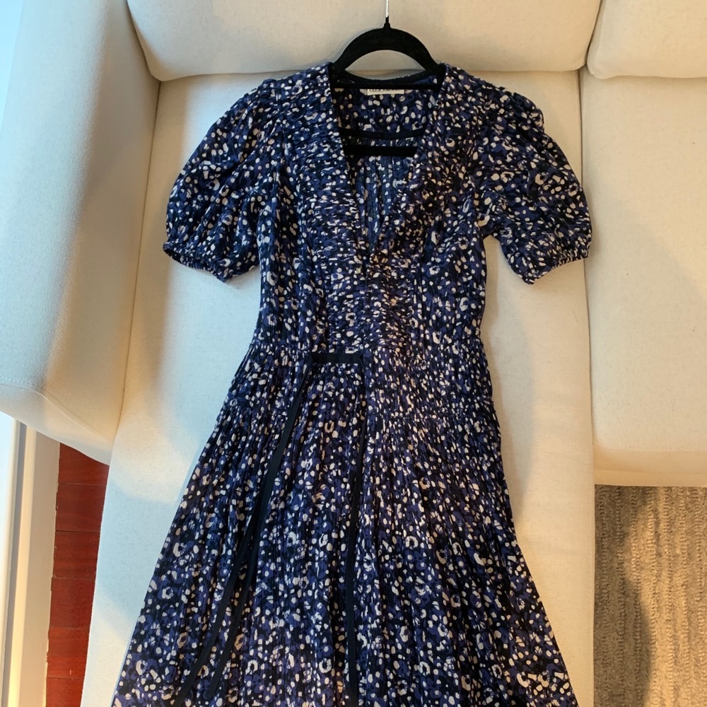 Ulla Johnson navy midi dress with puff sleeves